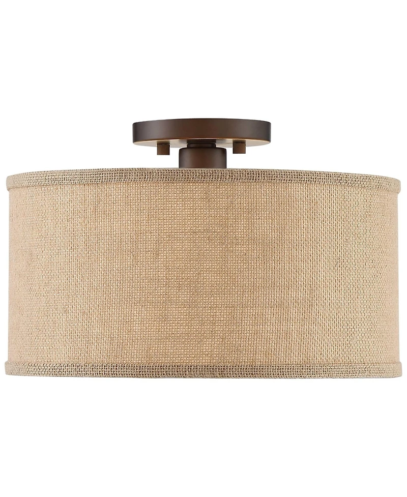 360 Lighting Adams Modern Ceiling Light Semi Flush Mount Fixtures 14" Wide Set of 2 Bronze Burlap Fabric Drum Shade for Bedroom Kitchen Living Ro