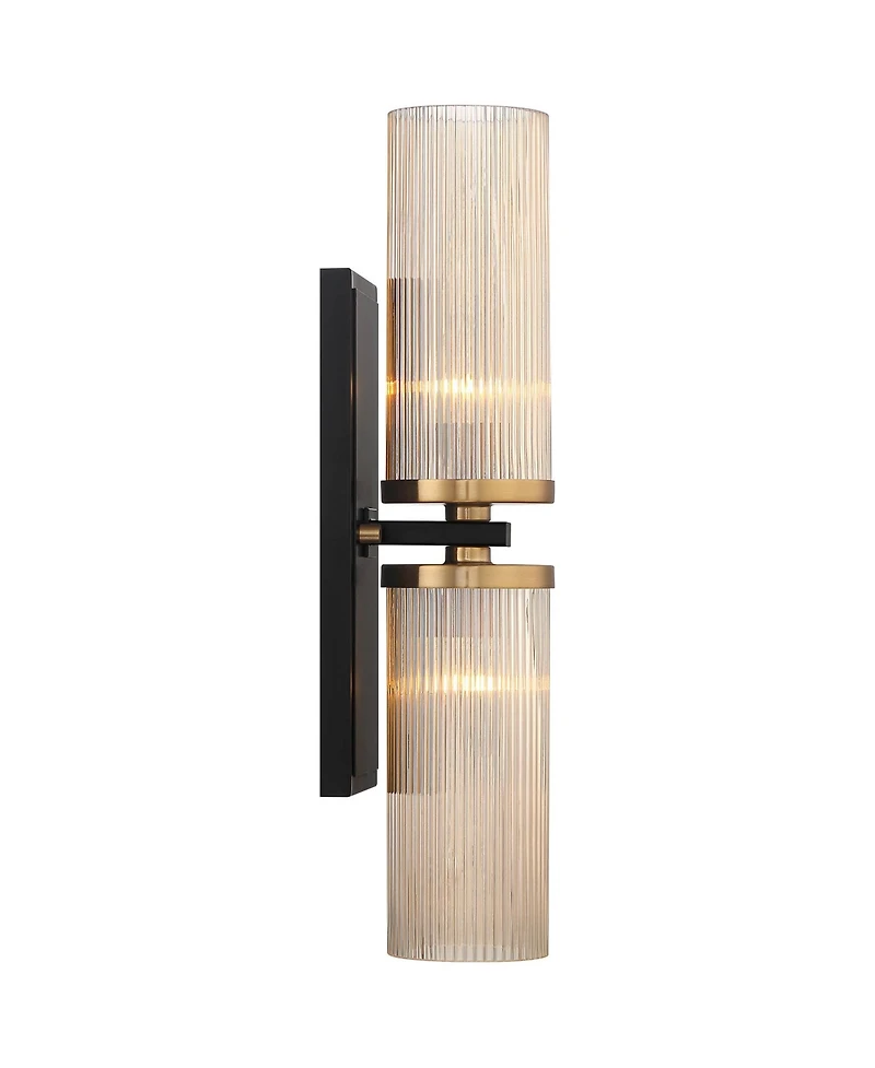 Palais Modern Wall Light Sconce Black Warm Brass Hardwired 4 1/4" 2-Light Fixture Ribbed Champagne Glass Shade for Bedroom Bathroom Vanity Readin