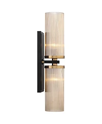 Palais Modern Wall Light Sconce Black Warm Brass Hardwired 4 1/4" 2-Light Fixture Ribbed Champagne Glass Shade for Bedroom Bathroom Vanity Readin