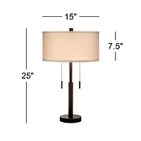 Franklin Iron Works Bernie Industrial Table Lamps 25" High Set of 2 Rich Bronze with Usb Charging Port Tan Drum Shade for Bedroom Living Room Bed