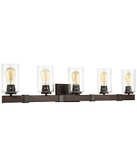 Franklin Iron Works Poetry Rustic Industrial Wall Light Wood Grain Bronze Hardwire 44" 5-Light Fixture Clear Seedy Glass for Bedroom Bathroom Van