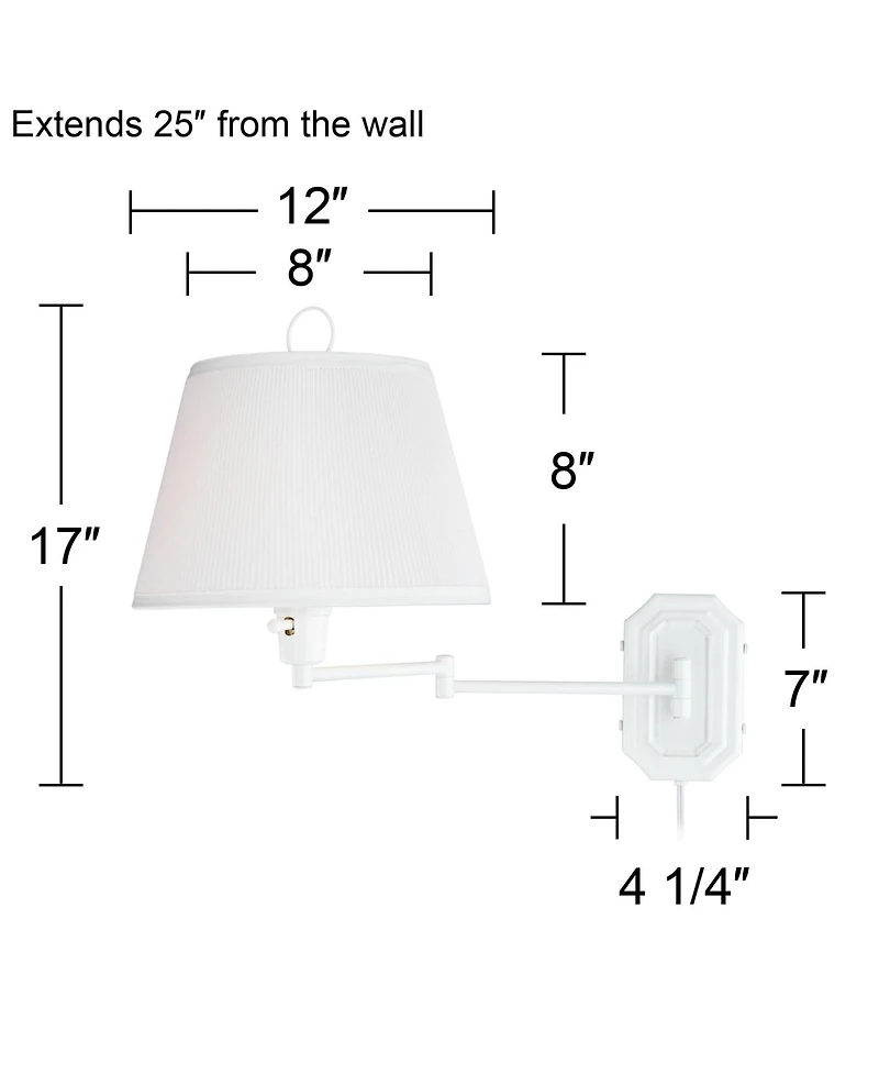 Barnes and Ivy Amelie Country Cottage Swing Arm Wall Lamp White Plug-in Light Fixture Pleated Fabric Bell Shade for Bedroom Bedside Living Room House