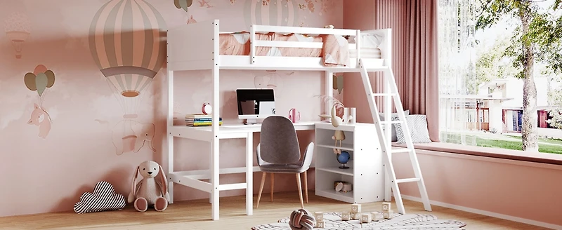 Streamdale Twin Loft Bed With Shelves And Desk, Wooden Desk