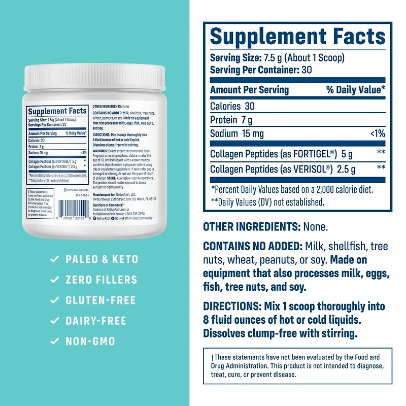 NativePath Joint Health Advanced Formula, Type 1 & 3 Peptides with Fortigel & Verisol, Grass-Fed Unflavored Collagen for Women & Men, 30 Servings
