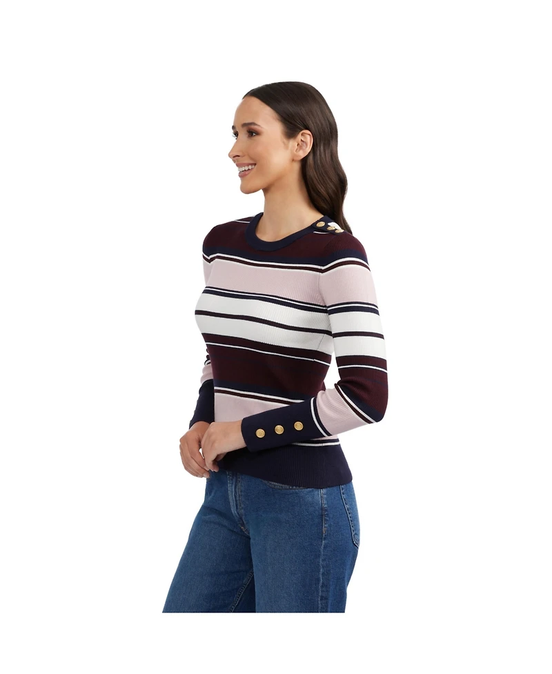 Ellen Tracy Women's Crew Neck Rib Sweater with Button Detail