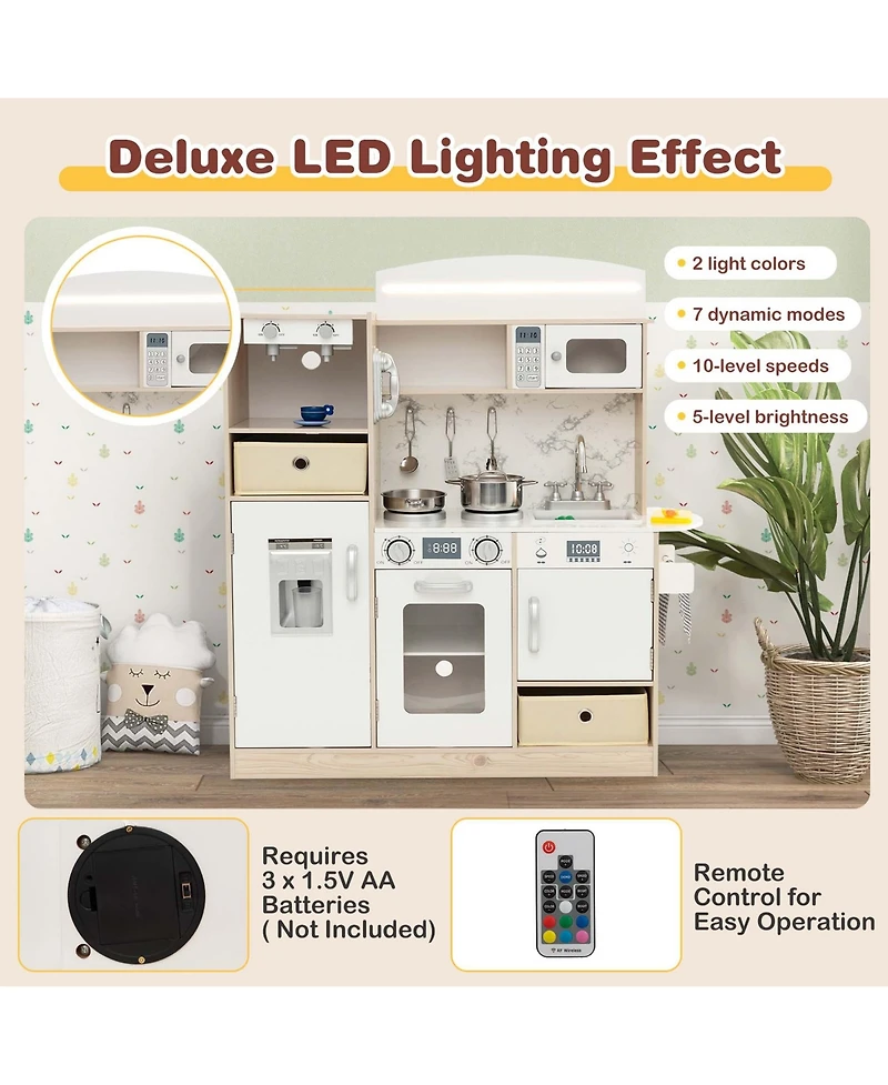Kids Pretend Play Kitchen Wooden Toy Playset with Led Lighting & Coffee Maker