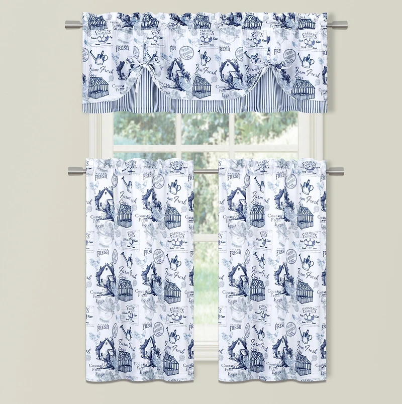 Kate Aurora Rooster Toile Complete 3 Pc Cafe Kitchen Curtain Tier And Valance Set