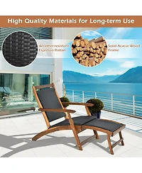 Gymax Folding Patio Acacia Wood Deck Chair Rattan Chaise Lounge Chair w/ Footrest