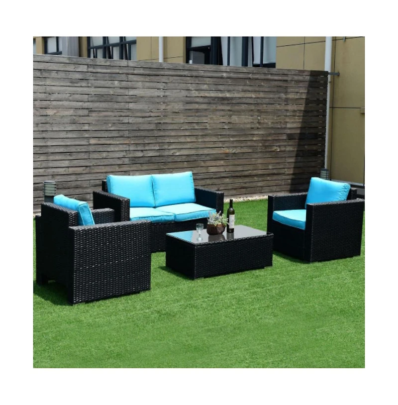 Slickblue 4PC Rattan Patio Furniture Set Outdoor Wicker With Blue Cushion