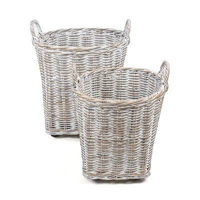 Jonathan Y Arbour Rustic Hand-Woven Rattan Nesting Baskets with Wheels and Handles, White Wash/Kubu Gray (Set of 2)