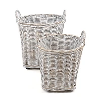 Jonathan Y Arbour Rustic Hand-Woven Rattan Nesting Baskets with Wheels and Handles, White Wash/Kubu Gray (Set of 2)
