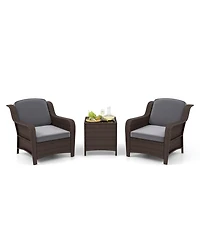 Slickblue 3 Pieces Outdoor Rattan Furniture Set with Cushions and Tempered Glass Coffee Table