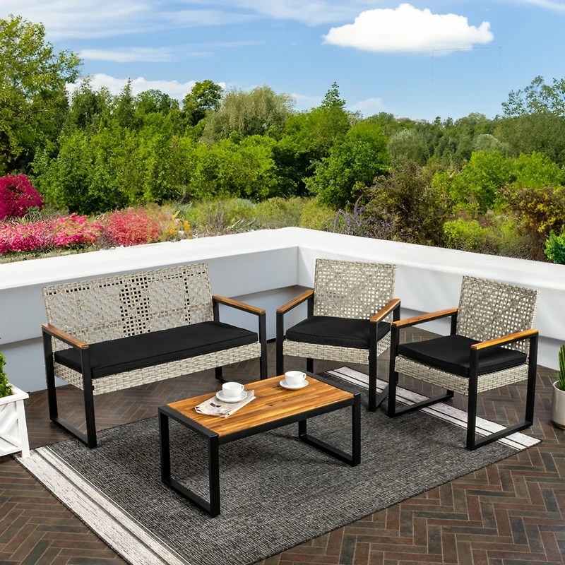Wilder 4-Piece Modern Coastal Faux Wicker Conversation Outdoor Patio Set