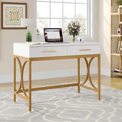 Tribesigns Modern Computer Desk with 2 Drawers, 41 Inches Study Writing Office Desk for Home Office, Bedroom, Makeup Vanity Table Desk with Gold Metal