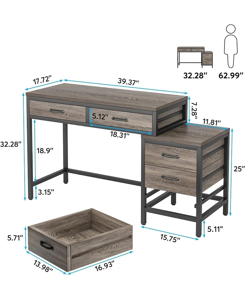 Tribesigns Computer Desk with 5 Drawers, Home Office Desks with Reversible Drawer Cabinet Printer Stand, Industrial Pc Desk with Storage, Grey Study W