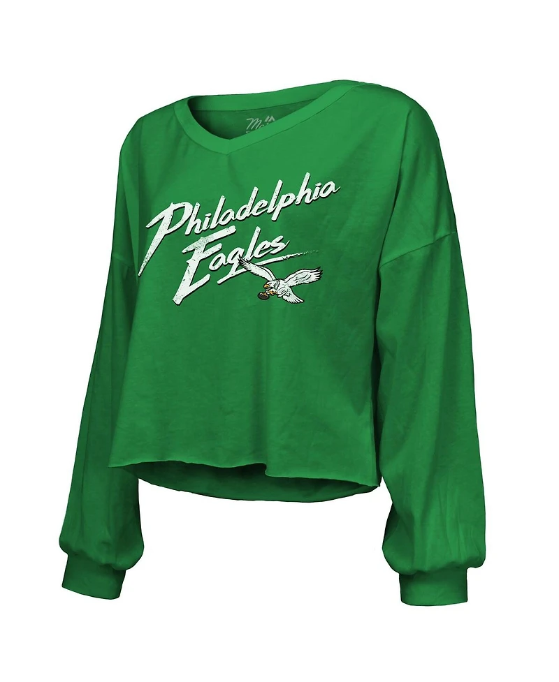 Majestic Women's Threads Saquon Barkley Kelly Green Philadelphia Eagles Name Number Off-Shoulder Script Cropped Long Sleeve V-Neck T-Shirt