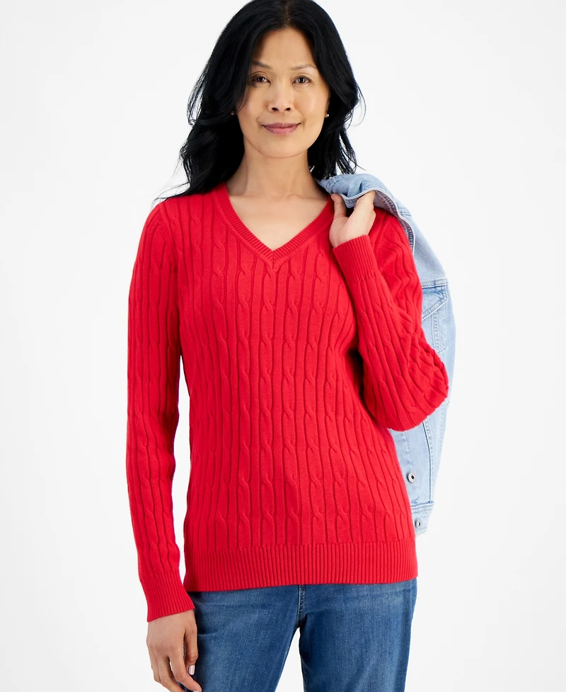 Style & Co Women's Cotton Cable-Knit V-Neck Sweater, Created for Macy's