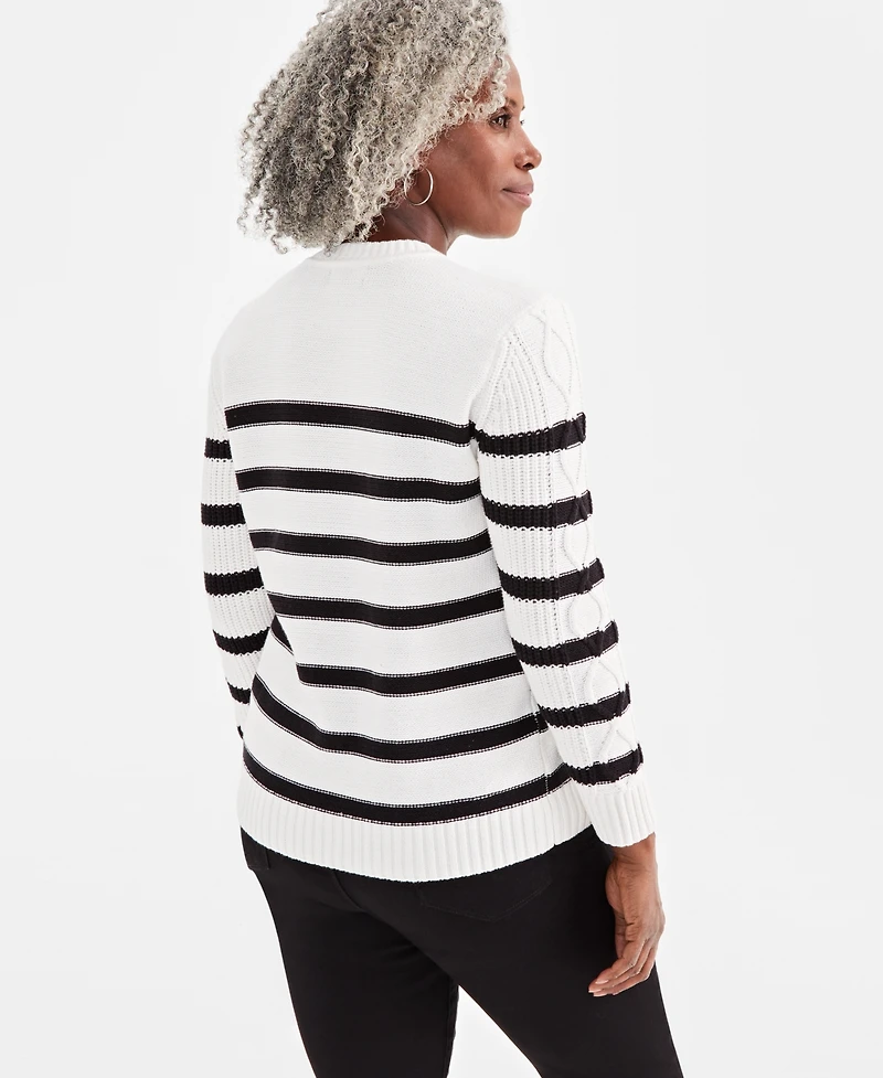 Style & Co Petite Striped Cable-Knit Button-Trim Sweater, Created for Macy's