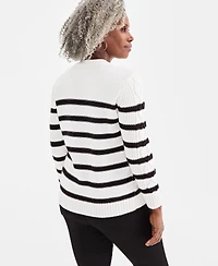Style & Co Petite Striped Cable-Knit Button-Trim Sweater, Created for Macy's