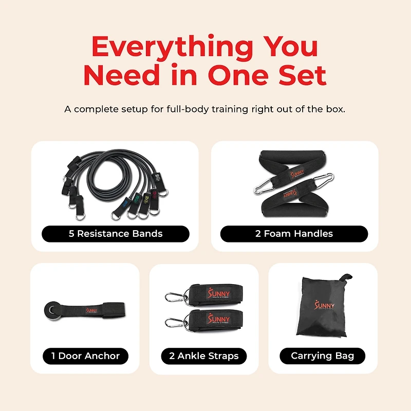 Sunny Health & Fitness Resistance Tube Set, 10-50LBs