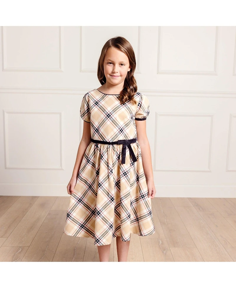 Hope & Henry Big Girls Puff Sleeve Party Dress with Velvet Trim