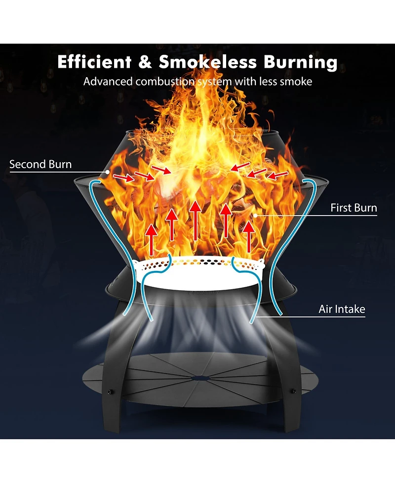 Slickblue 20 Inch Patio Fire Pit Metal Camping Fire Bowl with Pot Holder and Storage Shelf-Black