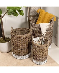 Jonathan Y Ternion Cottage Hand-Woven Rattan Nesting Baskets with Handles, Kubu Gray/White (Set of 3)