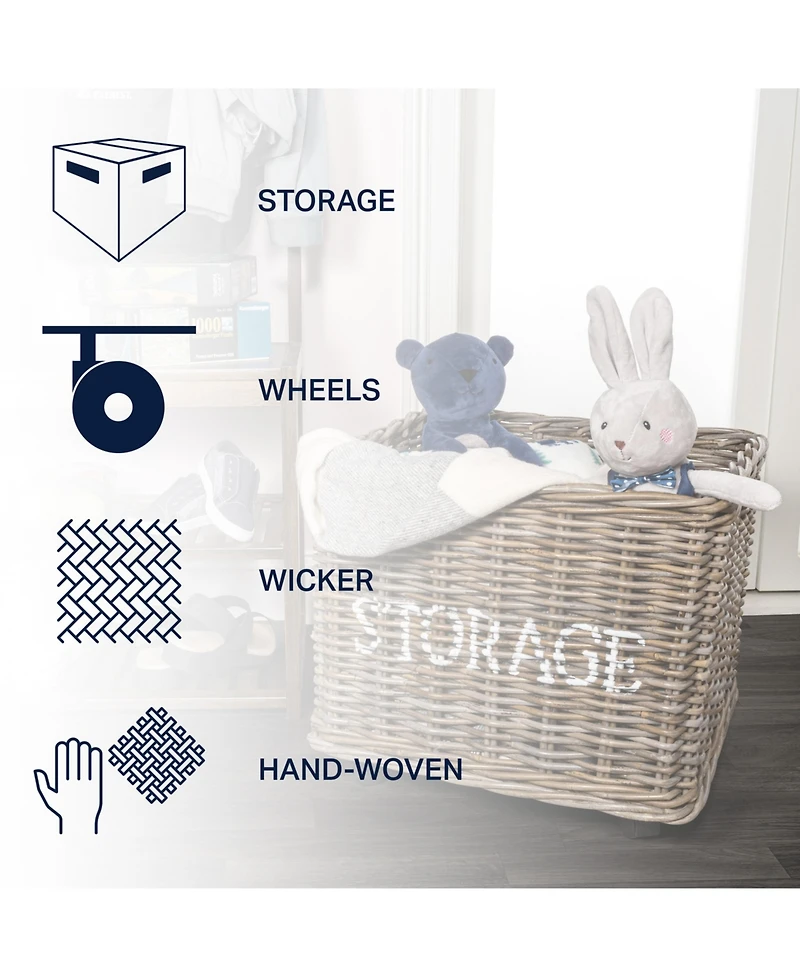 Jonathan Y Yael Coastal Hand-Woven "Storage" Rattan Basket with Wheels and Handles, Kubu Gray