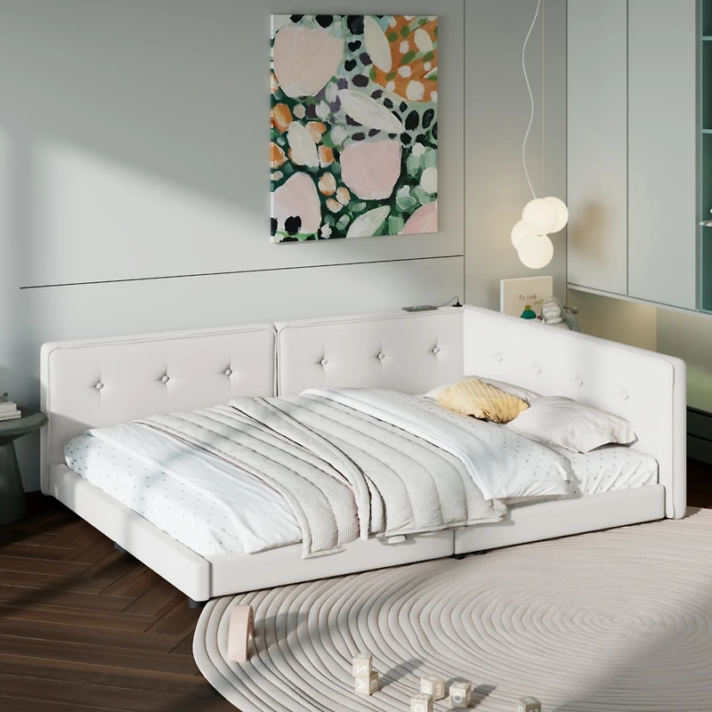 Streamdale Upholstered Full Bed with Usb Ports and Led Belt, Beige