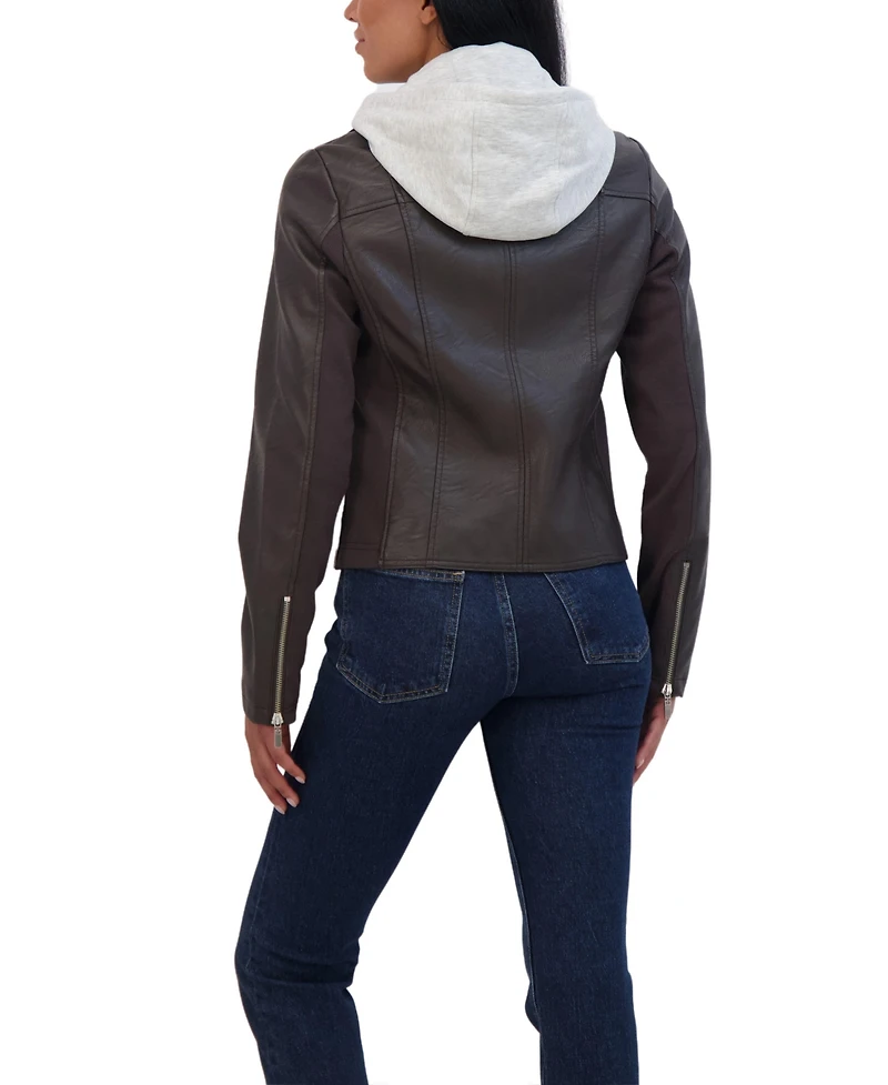 Sebby Collection Women's Faux Leather Biker Jacket With Removeable Hood Bib