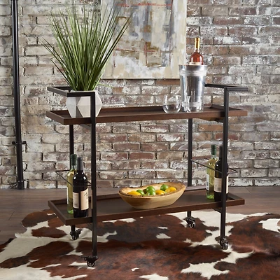 Simplie Fun Modern Industrial Bar Cart With Shelving, Bottle Holders, And Rolling Casters