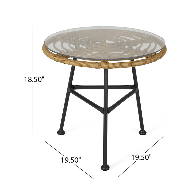 Simplie Fun Modern Rattan Side Table With Tempered Glass Top