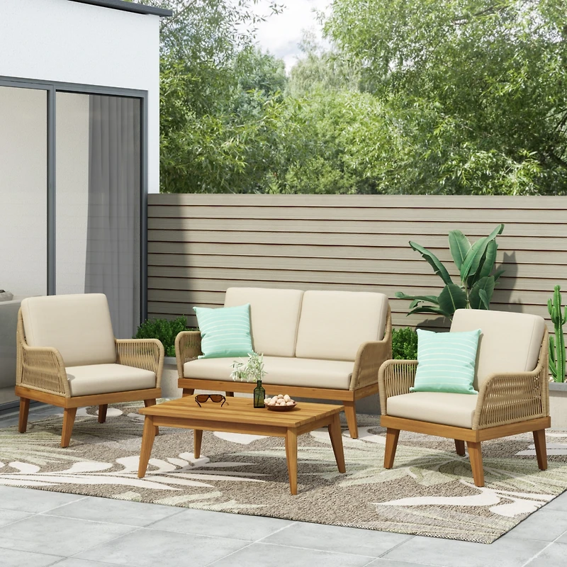 Streamdale Acacia Wood Chat Set With Rope Weave And Water-Resistant Cushions