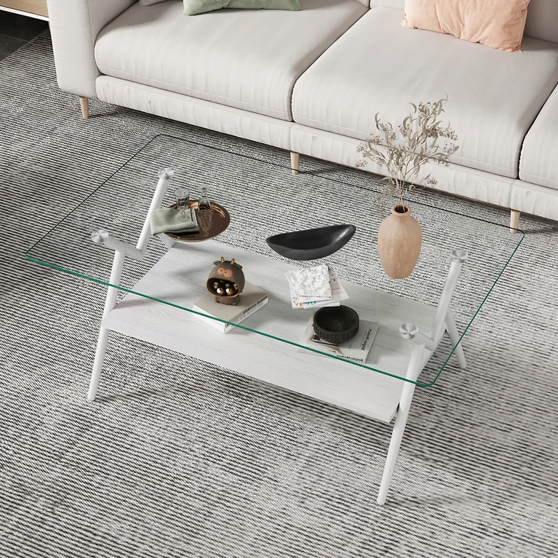 Streamdale Furniture Modern Glass Coffee Table with White Metal Legs
