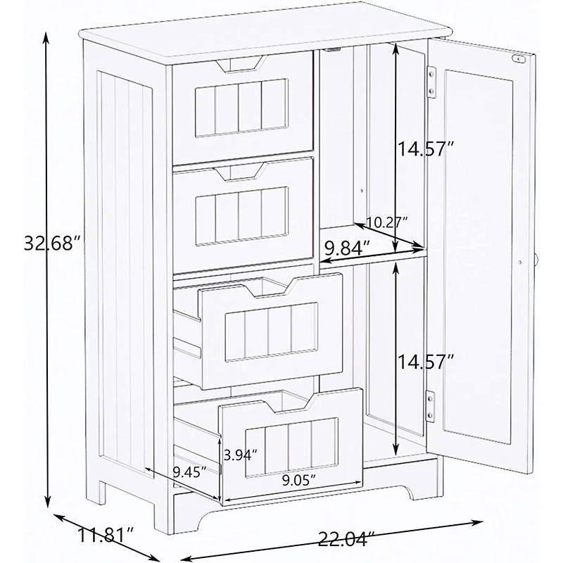 White Freestanding Storage Cabinet with Adjustable Shelves, Drawers, and Door