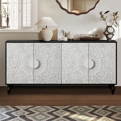 Streamdale Vintage White Carved Doors with Black Frame Cabinet