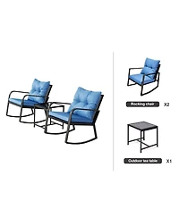 Simplie Fun 3-Piece Outdoor Bistro Set: Rocking Chairs with Blue Cushions