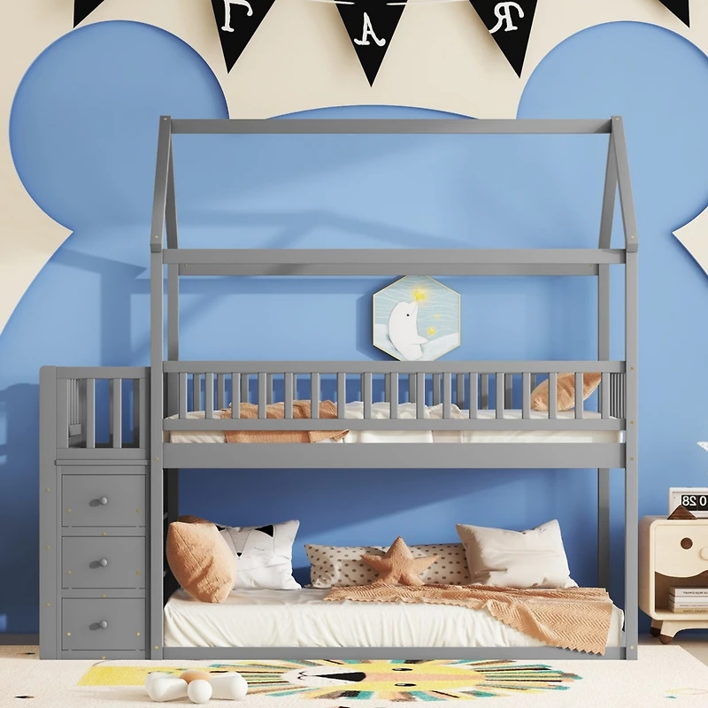 Simplie Fun Twin House Bunk Bed with Storage and Play Area in Gray
