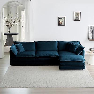Modular Sectional Sofa with Reversible Ottoman, Blue Chenille