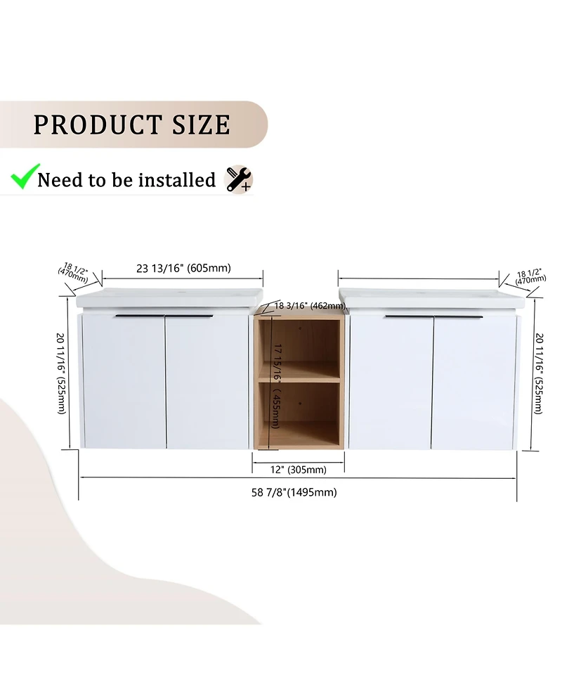 Streamdale Wall-Mount Vanity with Dual Ceramic Sink and Storage