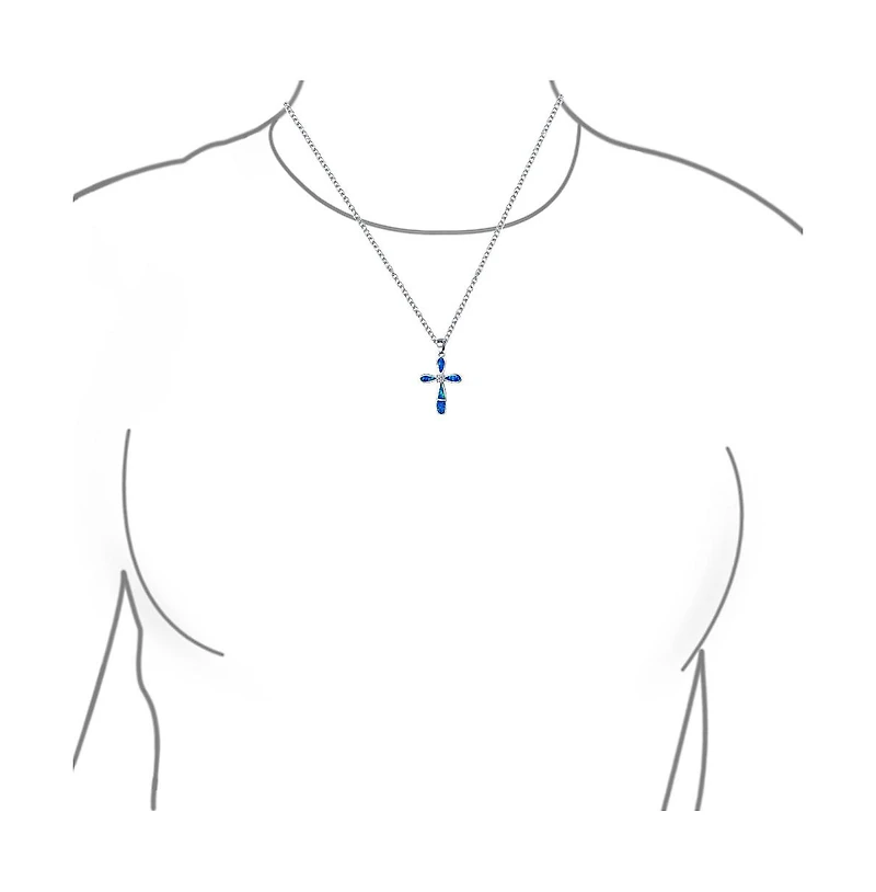 Bling Jewelry Religious Faith Hope Love Cz Accent Created Blue Synthetic Opal Cross Pendant Necklace Sterling Silver