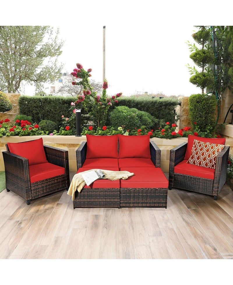 Slickblue 5 Pieces Patio Cushioned Rattan Furniture Set