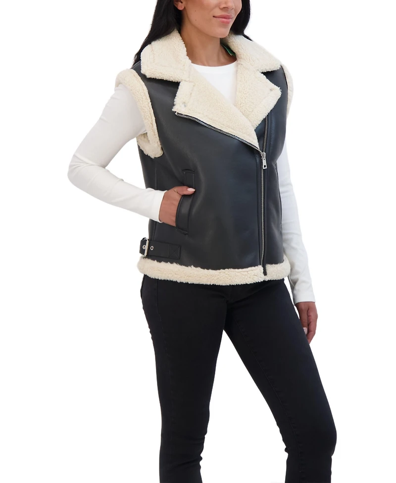 Sebby Collection Women's Moto Zip Front Faux Leather Shearling Vest