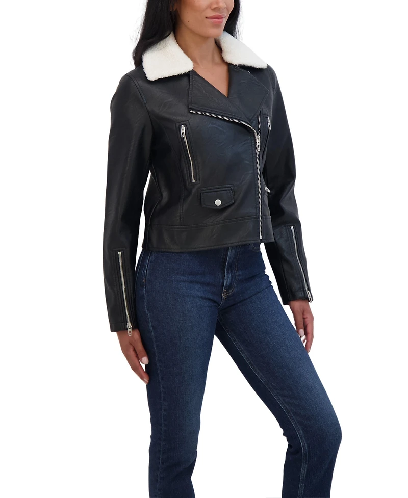 Sebby Collection Women's s Faux Leather Moto Jacket With Detachable Fur Collar