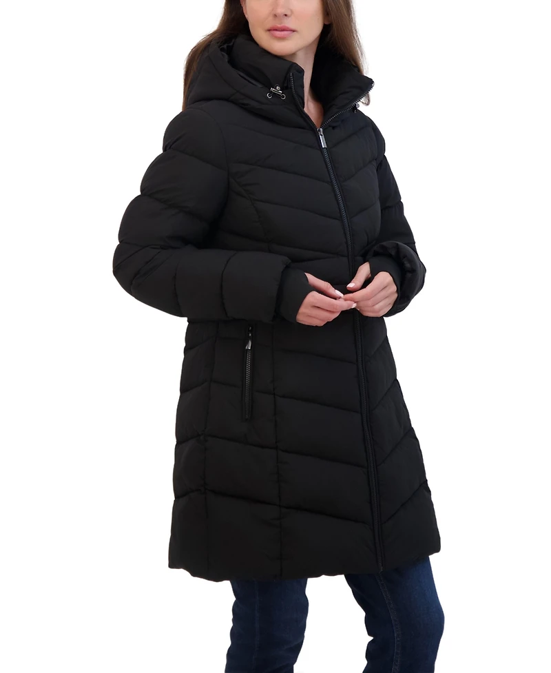 Sebby Collection Women's 3/4 Hooded Stretch Puffer Coat