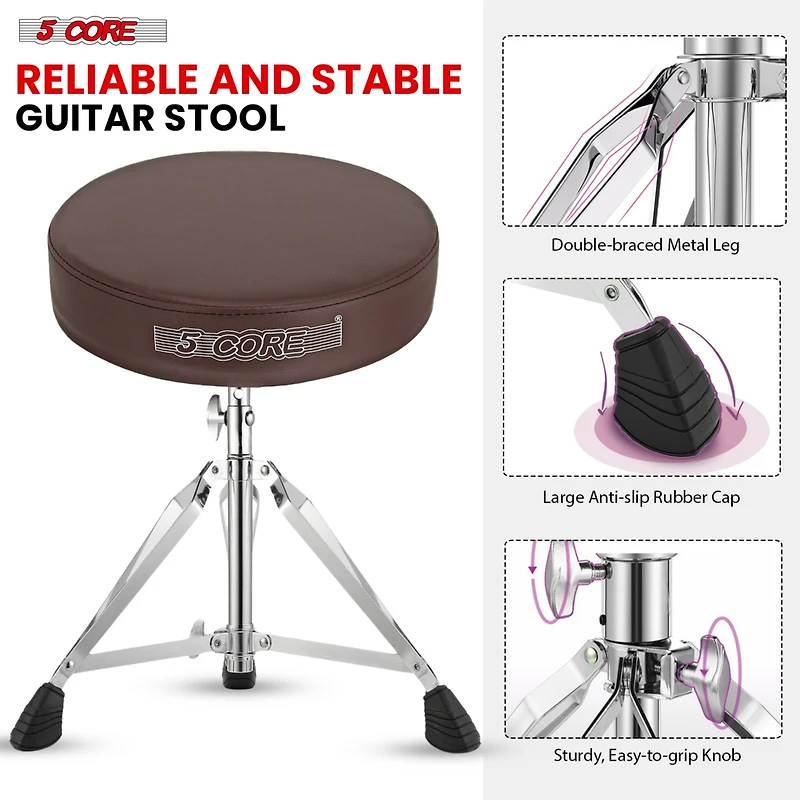 5 Core Drum Throne • Height Adjustable Guitar Stool • Thick Padded Comfortable Drummer Chair Brown Ds Ch Br