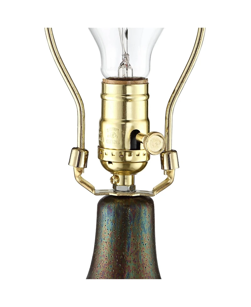 Emma Mid Century Modern Table Lamp with Table Top Dimmer 21" High Wood Brown Finish Ceramic Tan Drum Shade for Living Room Bedroom House Bedside