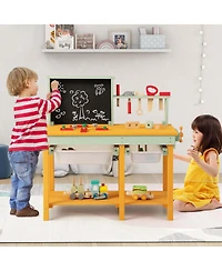 Kids Wooden Toy Workbench with Storage Space & Blackboard Tool Accessories for Boys