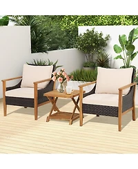 Slickblue 3 Pieces Patio Wicker Furniture Set with 2-Tier Side Table and Cushioned Armchairs