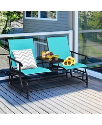 Slickblue 2-Person Double Rocking Loveseat with Mesh Fabric and Center Tempered Glass Table